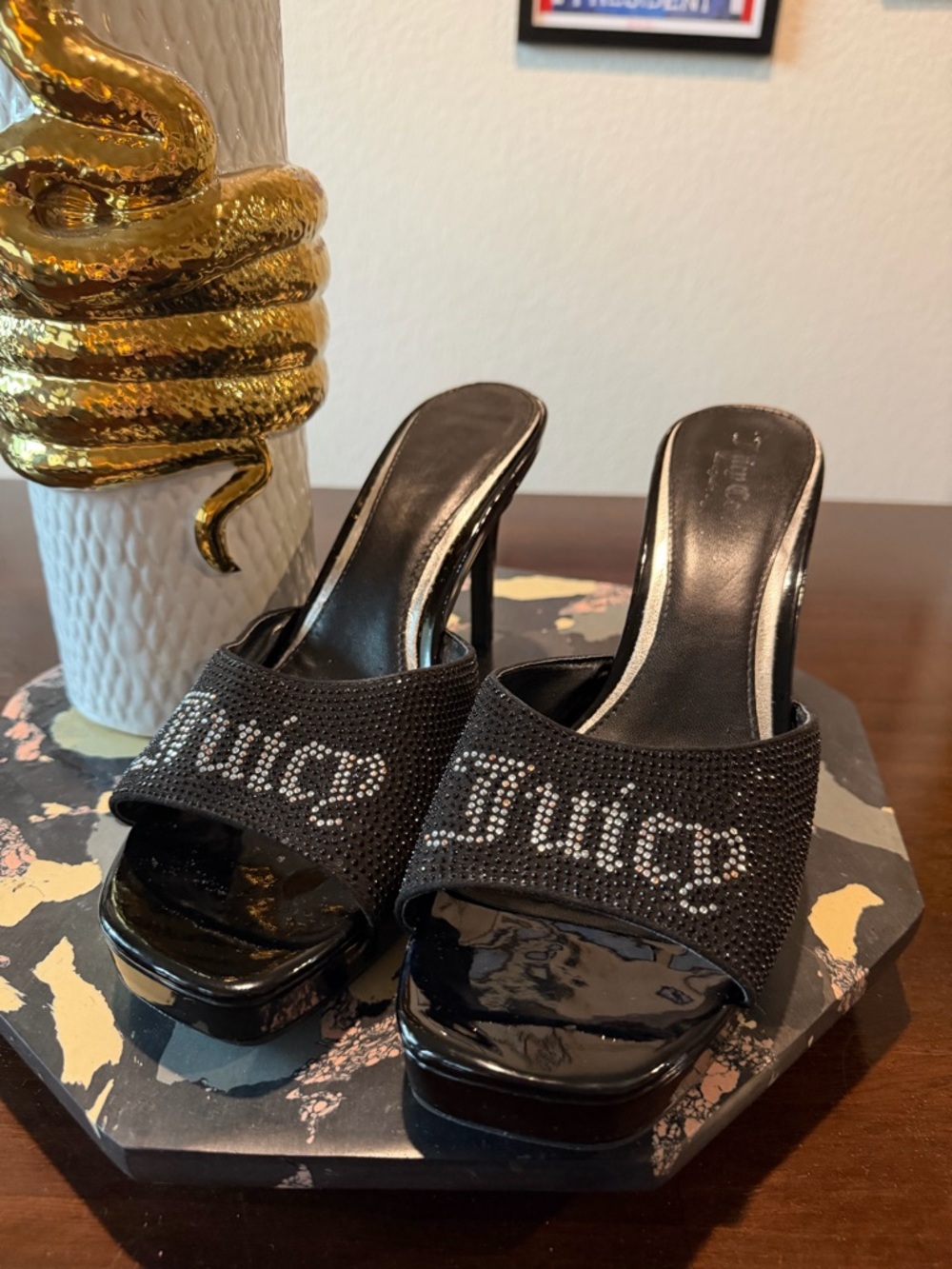 Juicy Couture Black Rhinestone Logo Slide pumps